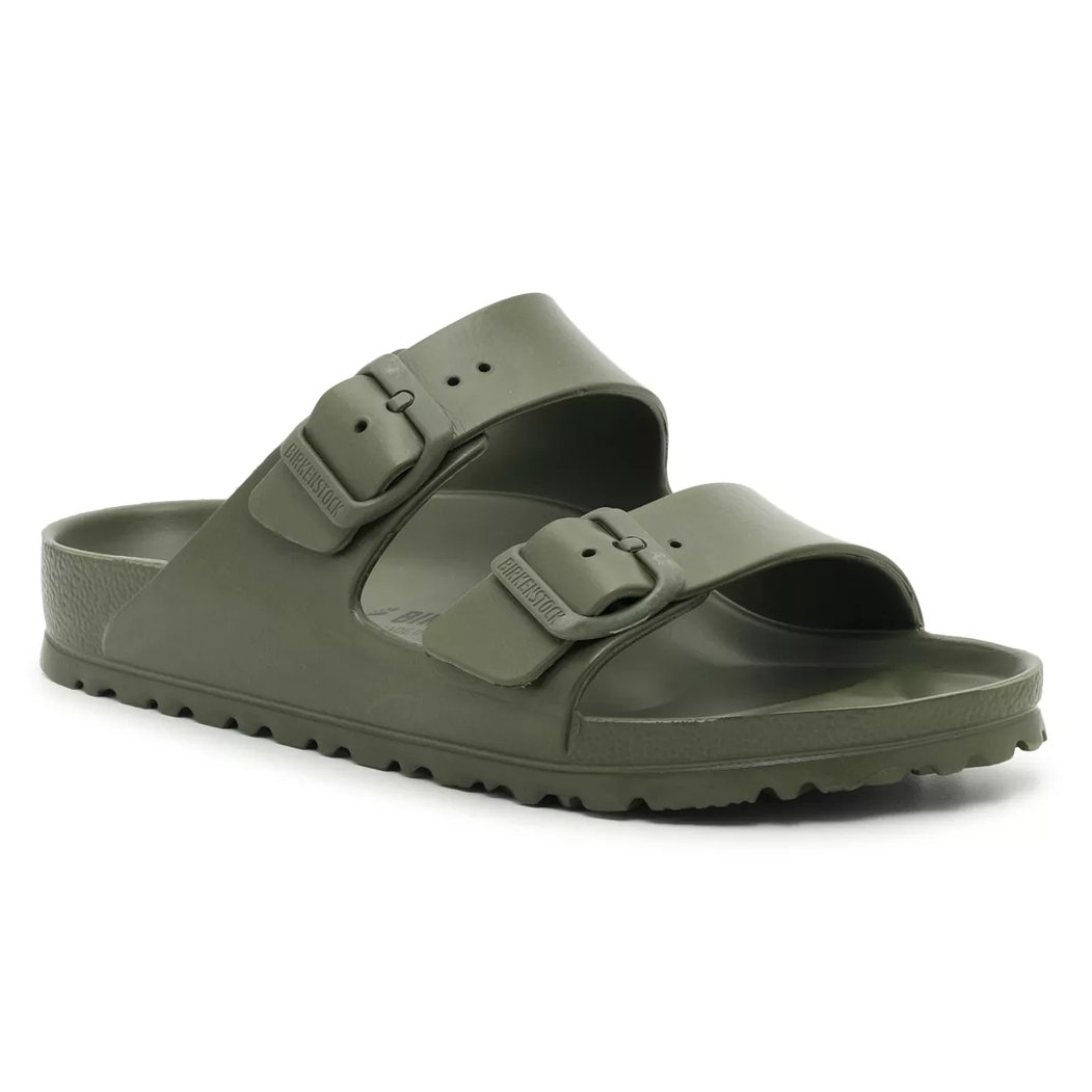 Olive green Birkenstock Arizona EVA Sandals with two adjustable straps, buckles, and a textured sole for grip. Made from lightweight, waterproof EVA material.