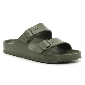 Olive green Birkenstock Arizona EVA Sandals with two adjustable straps, buckles, and a textured sole for grip. Made from lightweight, waterproof EVA material.