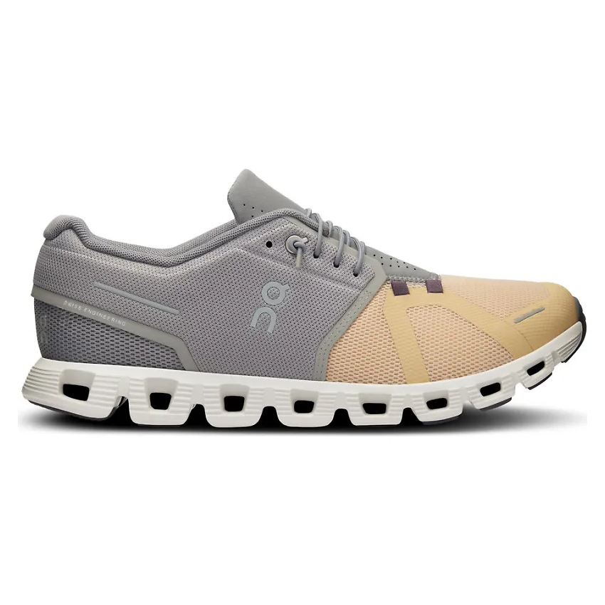 Gray and beige men's running shoes with a white outsole, featuring a unique lacing system and the On Cloud logo on the side.