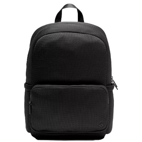 Black mesh backpack with a simple design, featuring a large main compartment and a front zippered pocket.