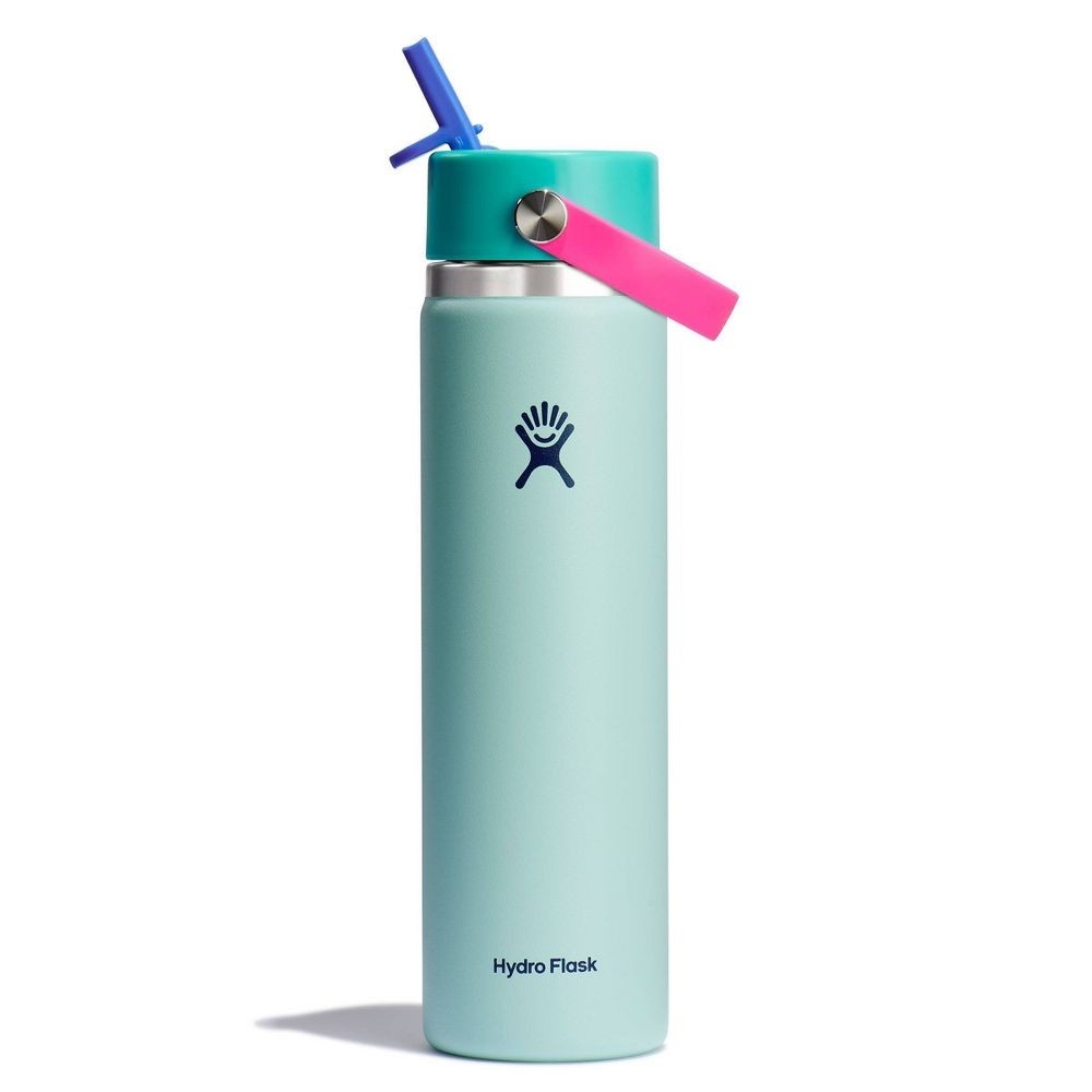 A teal Hydro Flask water bottle with a blue straw and pink handle.