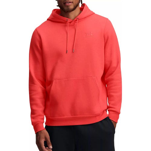 A coral-colored hoodie featuring a front pocket and drawstring hood, worn with dark pants.