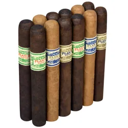 A selection of cigars featuring different wrapper colors and bands labeled \“Plan B\“ with variations like \“Maduro\“ and \“Habano.\“