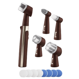 A brown electric facial cleansing brush with multiple detachable heads and various colored sponge pads.