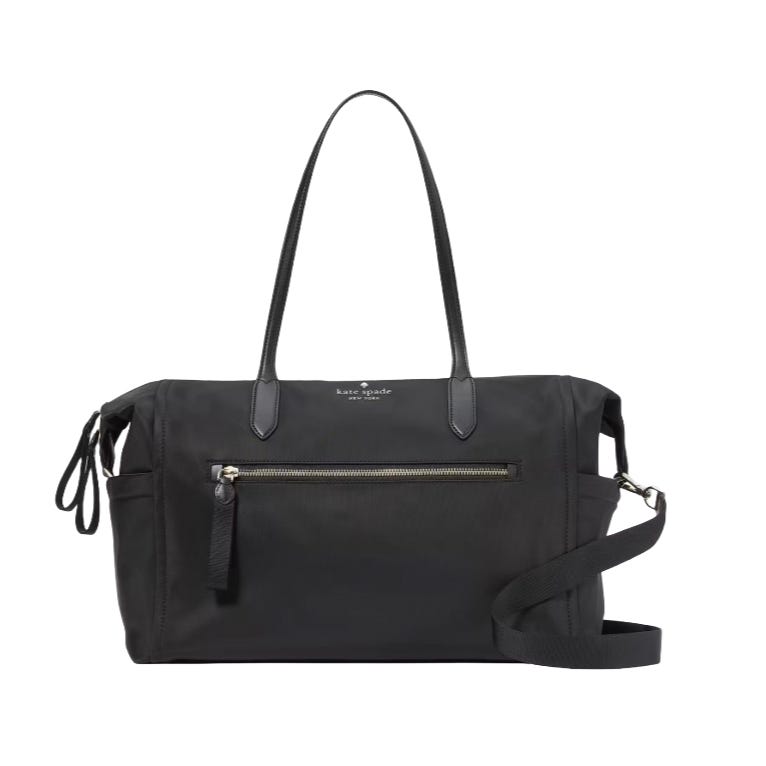 Black Kate Spade large weekender bag with dual top handles, a detachable shoulder strap, front zip pocket, and subtle logo detail.