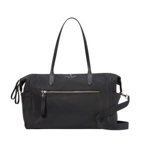 Black Kate Spade large weekender bag with dual top handles, a detachable shoulder strap, front zip pocket, and subtle logo detail.