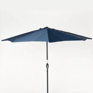 A fully open navy blue patio umbrella with a metal pole.