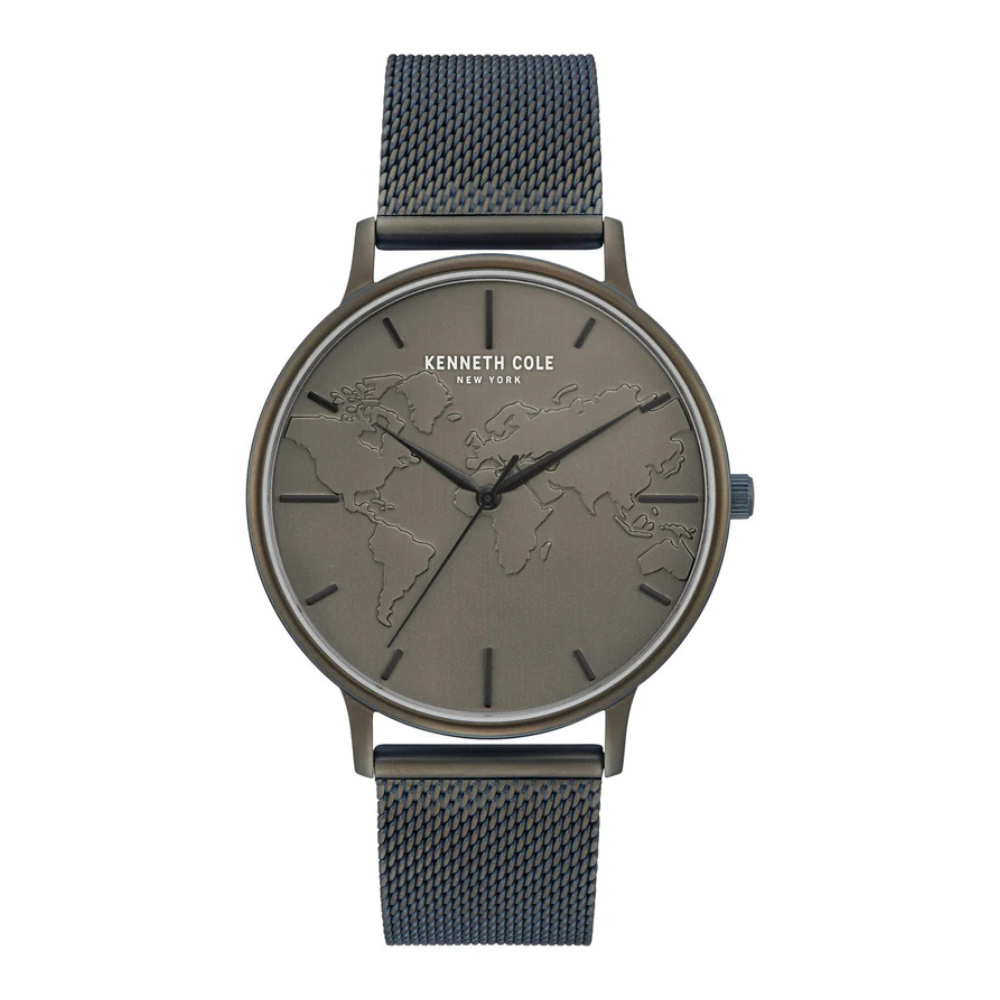 A Kenneth Cole New York wristwatch featuring a gray dial with an embossed world map design, minimalistic hour markers, and a blue mesh strap.