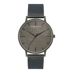 A Kenneth Cole New York wristwatch featuring a gray dial with an embossed world map design, minimalistic hour markers, and a blue mesh strap.