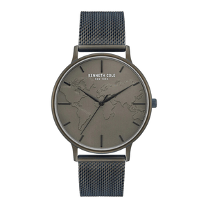 A Kenneth Cole New York wristwatch featuring a gray dial with an embossed world map design, minimalistic hour markers, and a blue mesh strap.
