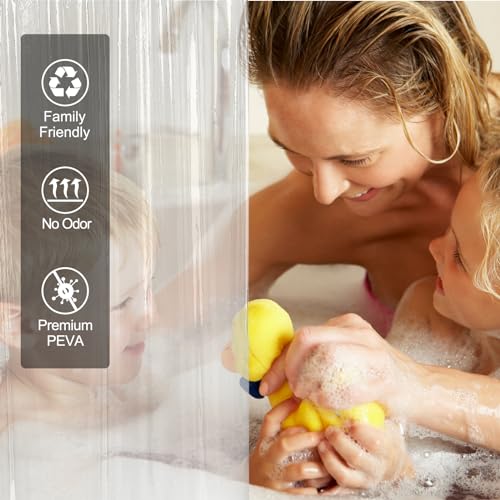 A clear PEVA shower curtain liner with labels indicating that it is family-friendly, has no odor, and is made from premium PEVA material; behind it, two people and a child are visible, enjoying a bath.
