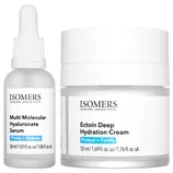 ISOMERS Skincare Laboratories offers Multi Molecular Hyaluronate Serum (30ml) for plumping and hydrating, and Ectoin Deep Hydration Cream (50ml) for protection and fortification.