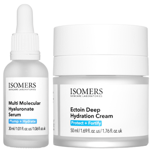 ISOMERS Skincare Laboratories offers Multi Molecular Hyaluronate Serum (30ml) for plumping and hydrating, and Ectoin Deep Hydration Cream (50ml) for protection and fortification.