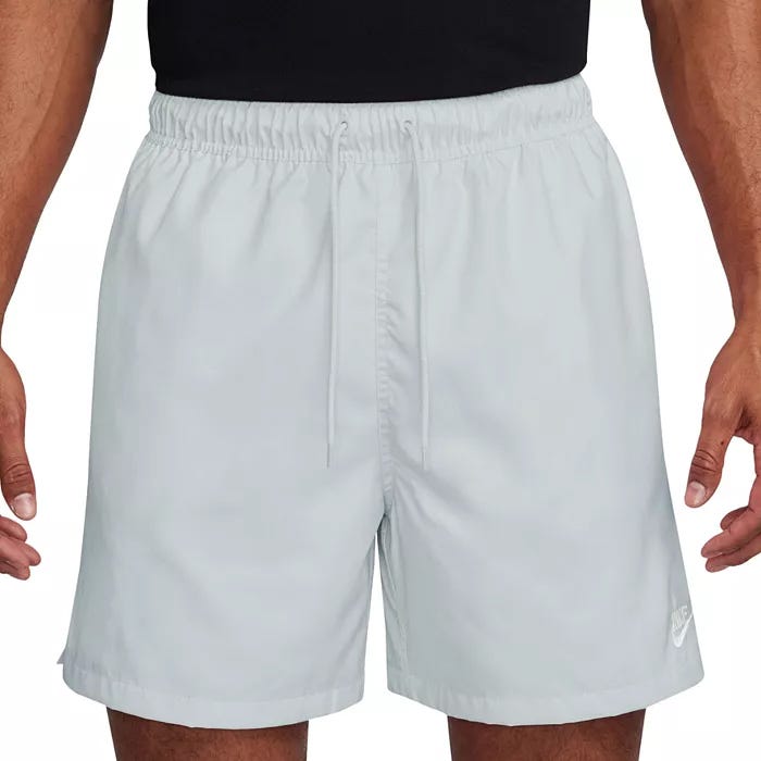 Light gray men's athletic shorts with an elastic waistband and drawstring, featuring a small logo on the lower left leg.