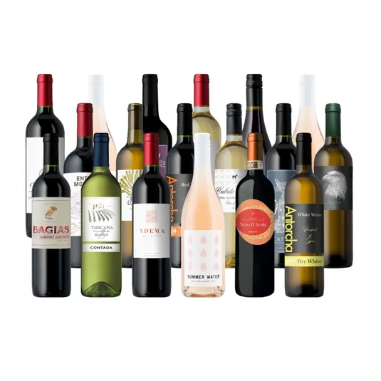 An assortment of wine bottles featuring reds, whites, and a rosé, with various labels such as Bagias Cabernet Sauvignon, Toscana Bianco, Adema, Summer Water, and Nero D'Avola.