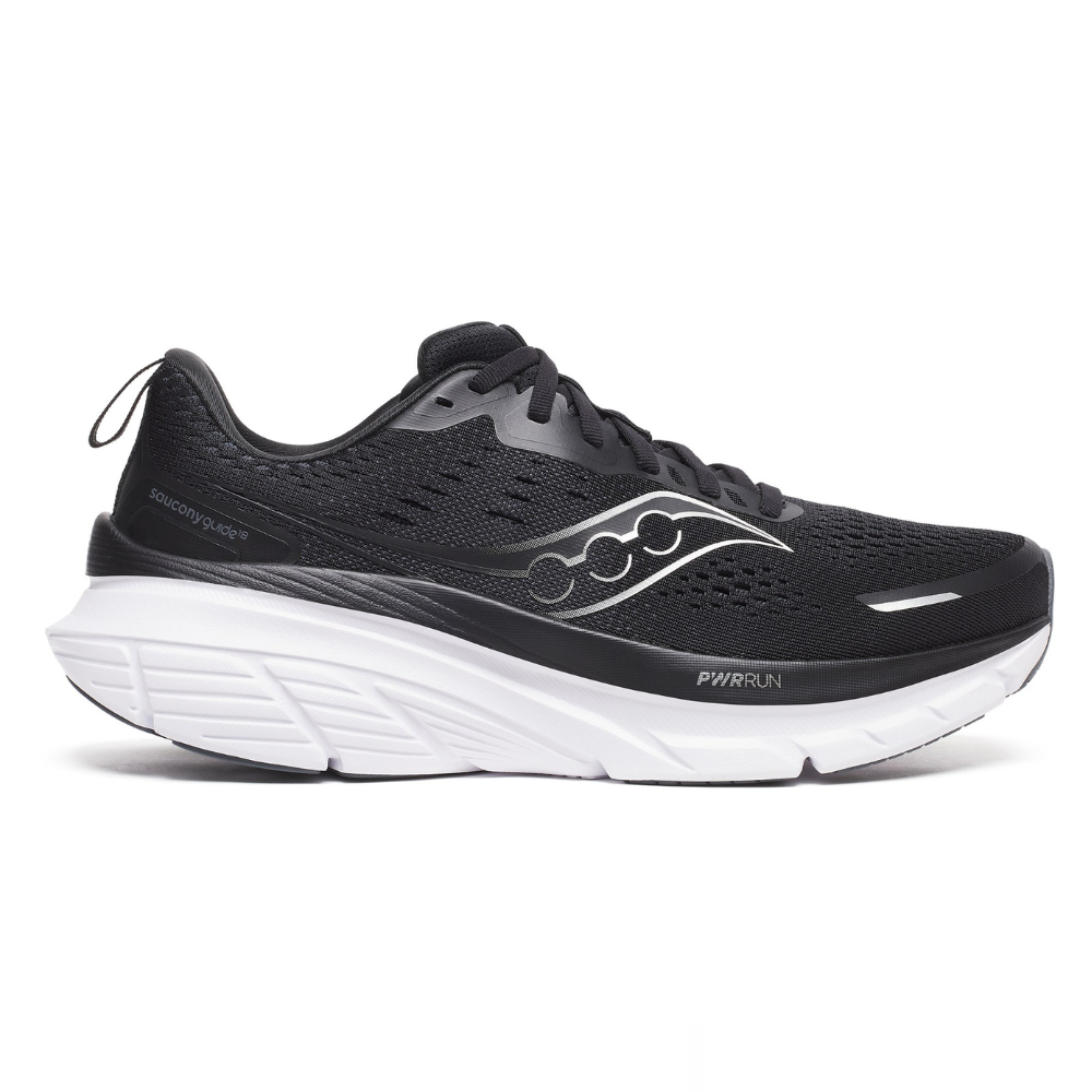 A black and white Saucony running shoe with a PWRRUN midsole, featuring a breathable mesh upper and cushioned sole for comfort.