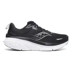 A black and white Saucony running shoe with a PWRRUN midsole, featuring a breathable mesh upper and cushioned sole for comfort.