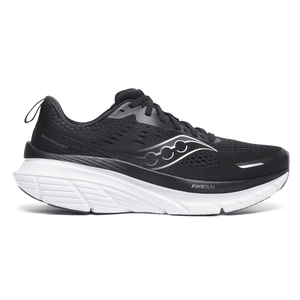 A black and white Saucony running shoe with a PWRRUN midsole, featuring a breathable mesh upper and cushioned sole for comfort.