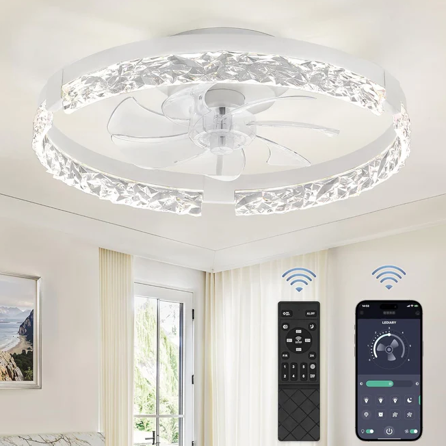 Ceiling light with integrated fan featuring a crystal design, accompanied by a remote control and smartphone app for wireless operation.