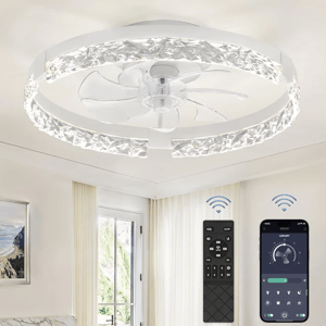 Ceiling light with integrated fan featuring a crystal design, accompanied by a remote control and smartphone app for wireless operation.