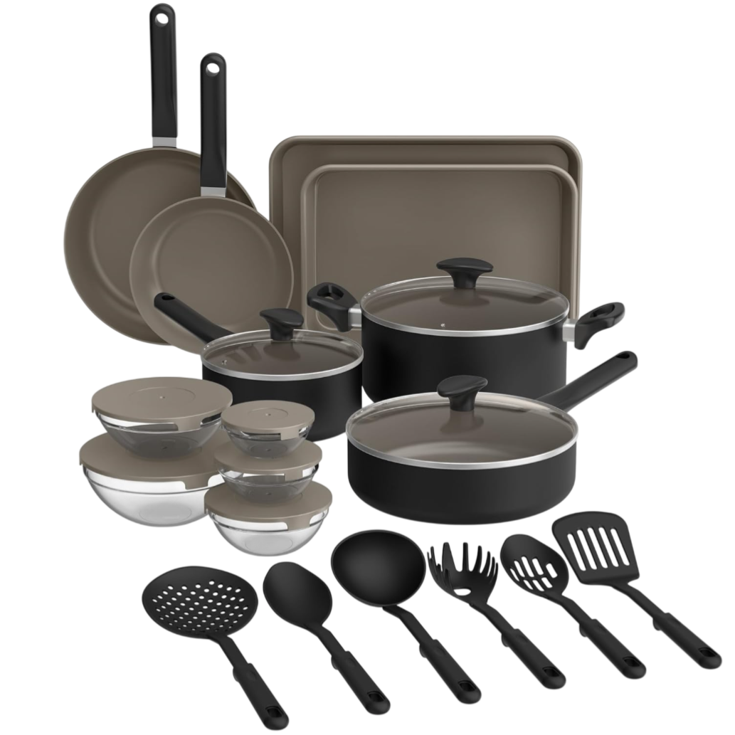A 20-piece cookware set includes various pots with lids, frying pans, baking sheets, mixing bowls with lids, and kitchen utensils like spatulas, spoons, and ladles, all in a black and taupe color scheme.