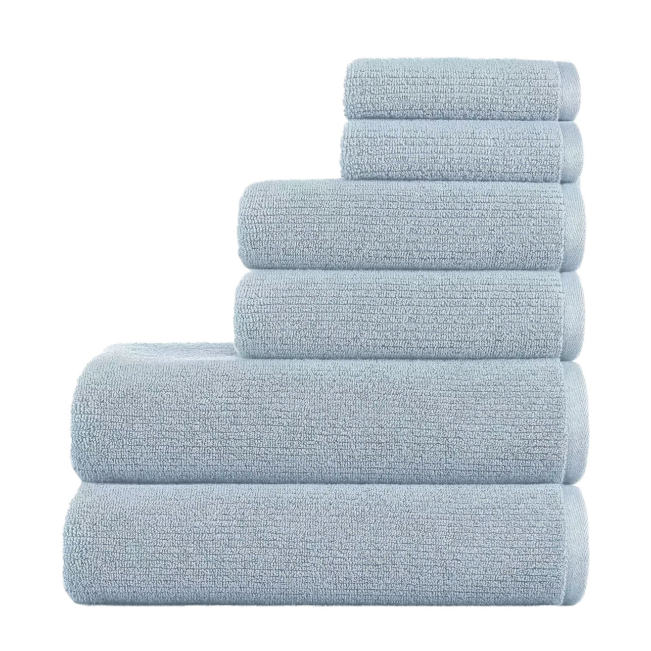 Set of six light blue quick-dry towels, stacked in two columns, includes two bath towels, two hand towels, and two washcloths.