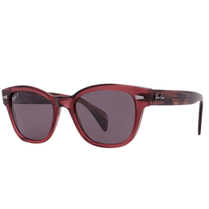 Red Ray-Ban sunglasses with dark lenses and a tortoiseshell pattern on the arms, featuring the Ray-Ban logo on the side.
