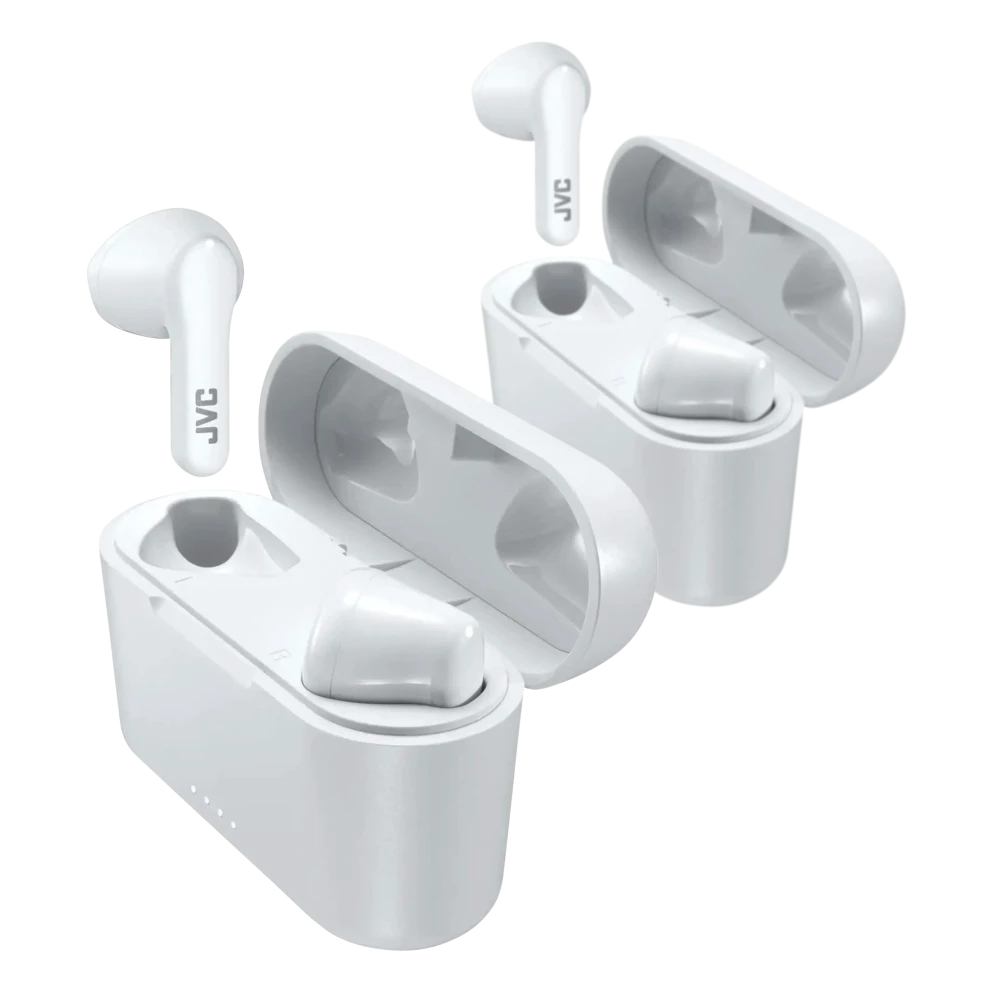 A pair of white JVC wireless earbuds with charging cases, featuring a sleek design and compact form factor.