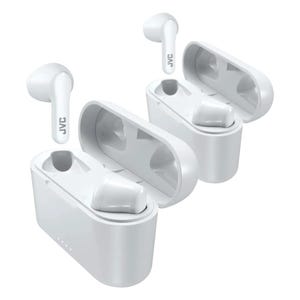 A pair of white JVC wireless earbuds with charging cases, featuring a sleek design and compact form factor.