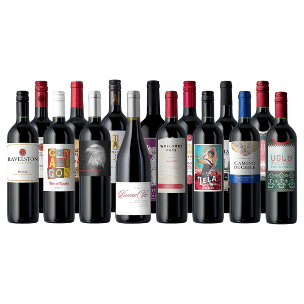 A selection of 13 wine bottles featuring various labels, including Shiraz, Viño de España, and Tempranillo. The bottles have diverse label designs, from minimalist to colorful and illustrative.