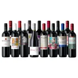 A selection of 13 wine bottles featuring various labels, including Shiraz, Viño de España, and Tempranillo. The bottles have diverse label designs, from minimalist to colorful and illustrative.