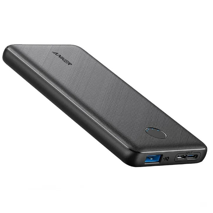 Anker Slim Power Bank features a sleek, black design with a textured finish, a USB-A output, and a USB-C input. It has an LED indicator for battery status.