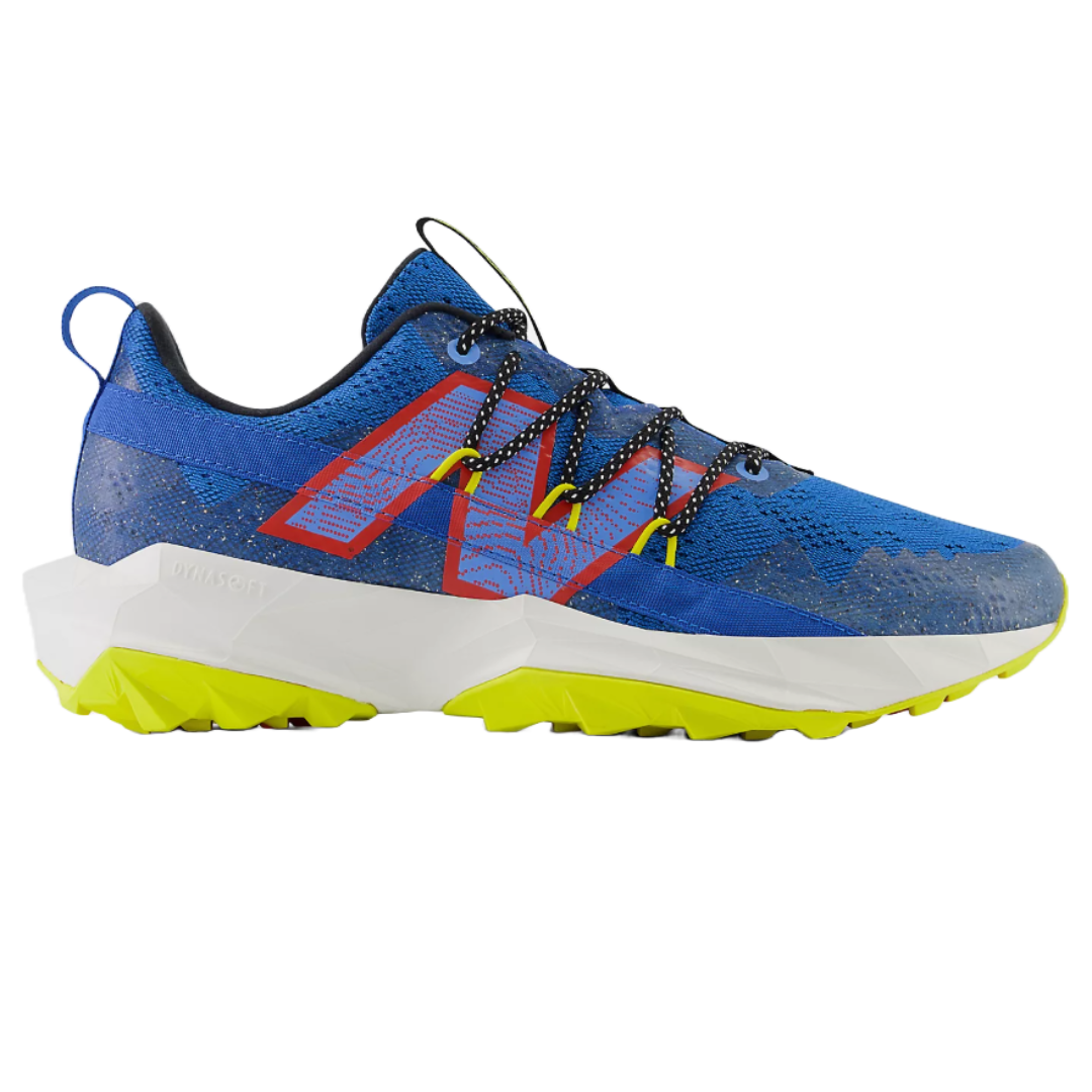 A blue and yellow athletic shoe with a geometric design and textured sole, featuring a red accent and black laces.