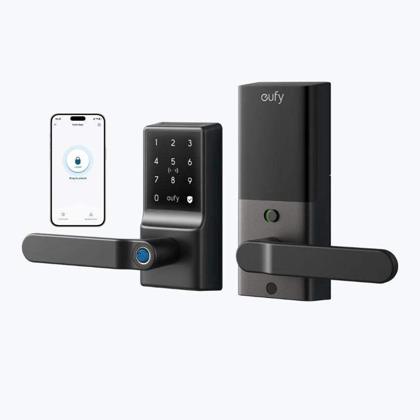 Smart door lock with numeric keypad and smartphone connectivity, also featuring biometric fingerprint access.
