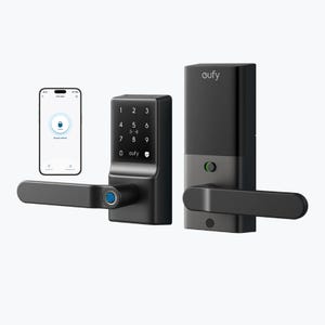 Smart door lock with numeric keypad and smartphone connectivity, also featuring biometric fingerprint access.