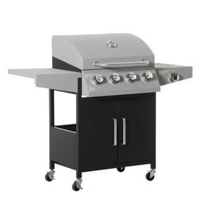 A stainless steel gas grill with four knobs, side shelves, a thermometer on the lid, and lower cabinet storage, supported by four caster wheels.