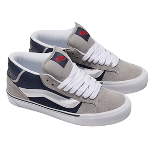Gray and navy blue high-top sneakers with white laces and a white sole, featuring a prominent white stripe on the side and a red logo on the tongue.