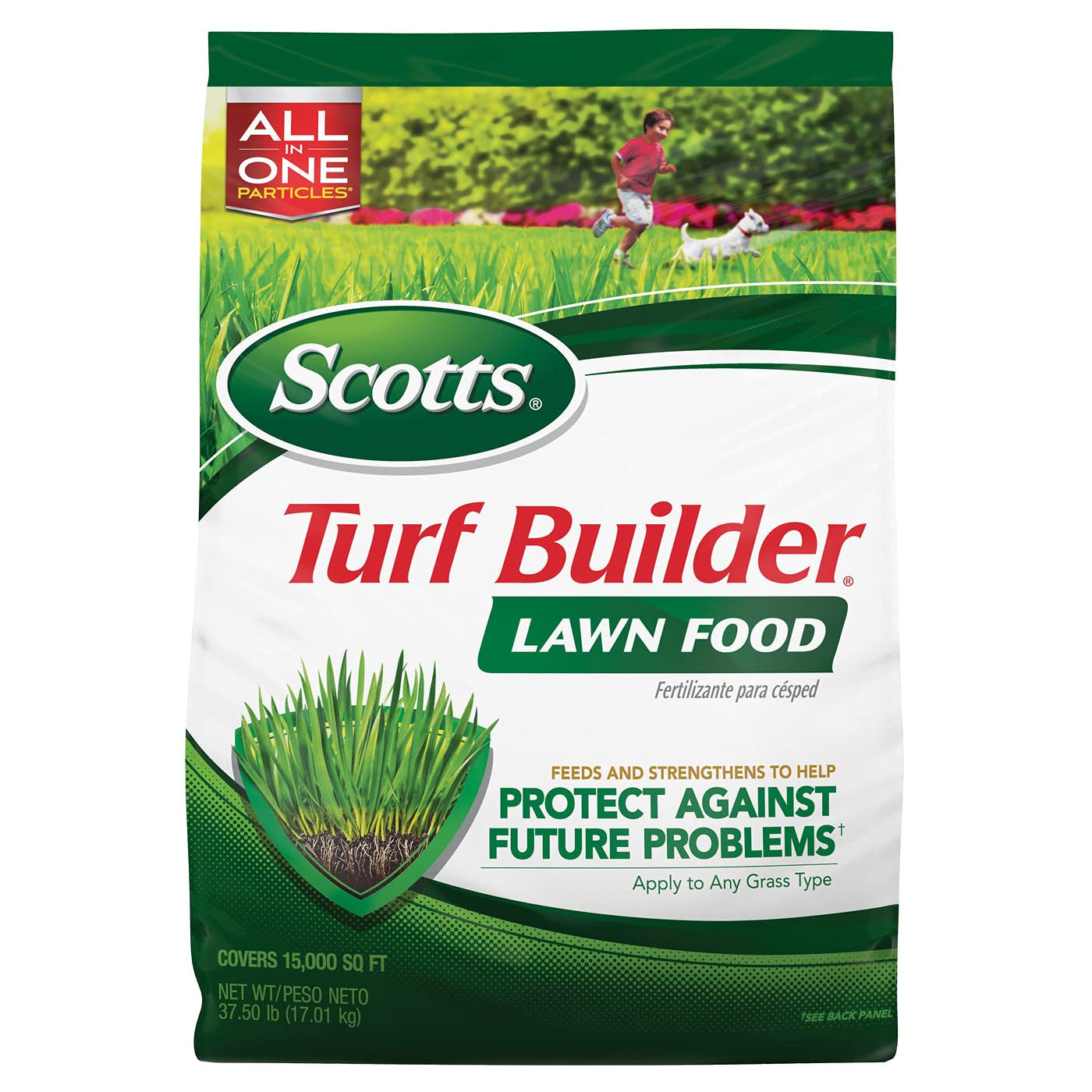 Scotts Turf Builder Lawn Food is a lawn fertilizer that covers 15,000 sq ft. It feeds and strengthens grass to protect against future problems and is suitable for any grass type. The bag weighs 37.5 lbs (17.01 kg).