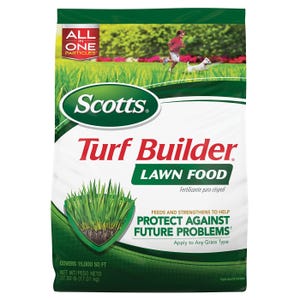 Scotts Turf Builder Lawn Food is a lawn fertilizer that covers 15,000 sq ft. It feeds and strengthens grass to protect against future problems and is suitable for any grass type. The bag weighs 37.5 lbs (17.01 kg).