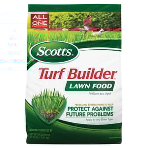 Scotts Turf Builder Lawn Food is a lawn fertilizer that covers 15,000 sq ft. It feeds and strengthens grass to protect against future problems and is suitable for any grass type. The bag weighs 37.5 lbs (17.01 kg).