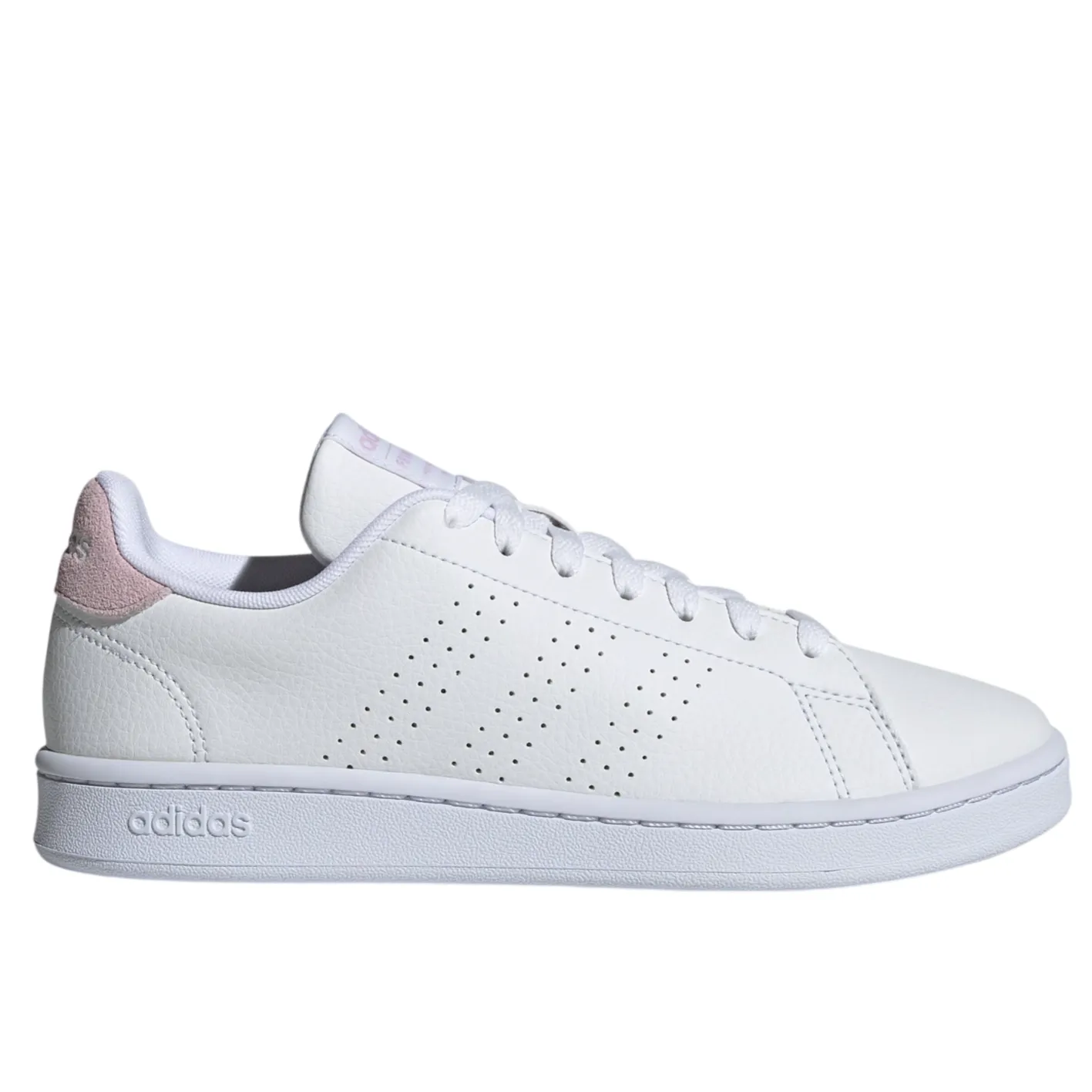 White Adidas sneaker with perforated stripes and light pink detail on the heel.