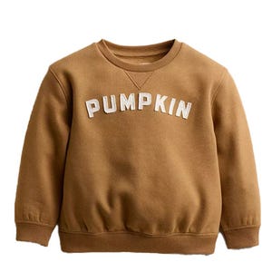 Brown sweatshirt with \“PUMPKIN\“ in white letters across the chest.