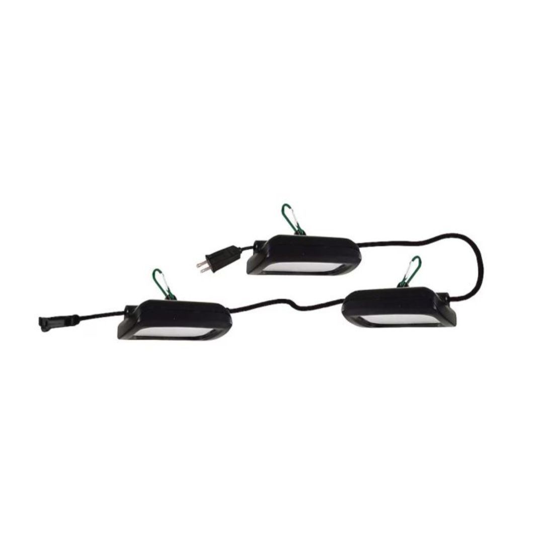 A set of three black LED utility lights connected by a cord with a plug on one end. Each light features a green carabiner for hanging.