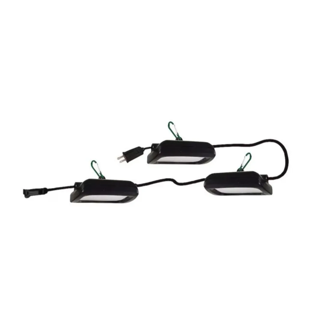 A set of three black LED utility lights connected by a cord with a plug on one end. Each light features a green carabiner for hanging.