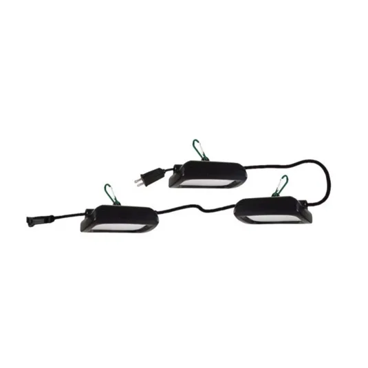 A set of three black LED utility lights connected by a cord with a plug on one end. Each light features a green carabiner for hanging.