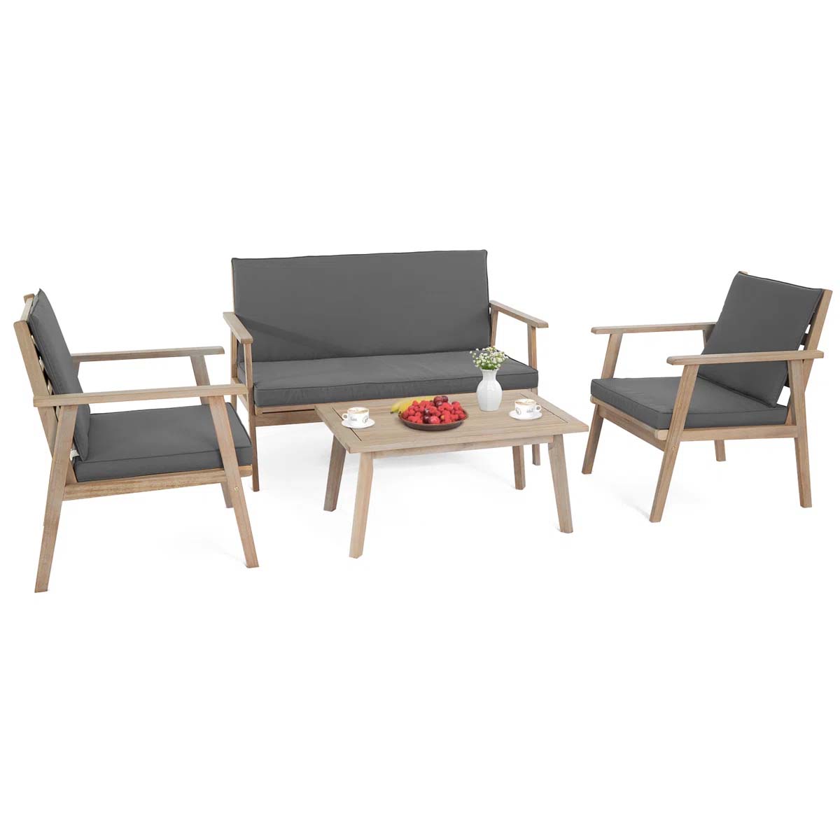 Outdoor patio furniture set including a two-seater sofa, two armchairs, and a coffee table with wooden frames and dark grey cushions.