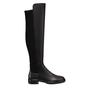 Stuart Weitzman City Boots are sleek black knee-high boots with a smooth leather finish, featuring an elastic panel for flexibility and a low heel for comfortable wear.