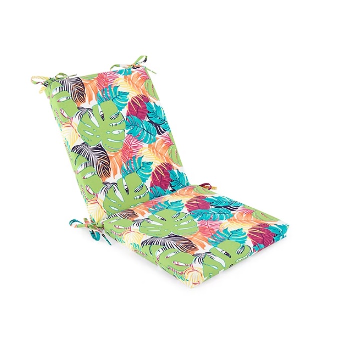 Colorful outdoor chair cushion with a tropical leaf pattern, featuring shades of green, blue, pink, and orange, and tie fasteners for secure attachment.