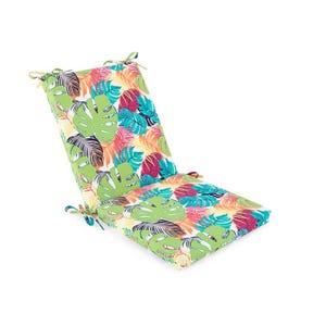 Colorful outdoor chair cushion with a tropical leaf pattern, featuring shades of green, blue, pink, and orange, and tie fasteners for secure attachment.