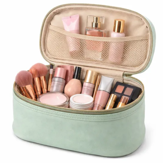 A mint green cosmetic bag is open, revealing makeup essentials like brushes, foundation, blush, eyeshadow palette, lipstick, and skincare products. The interior pocket holds bottles and tubes, neatly organized.